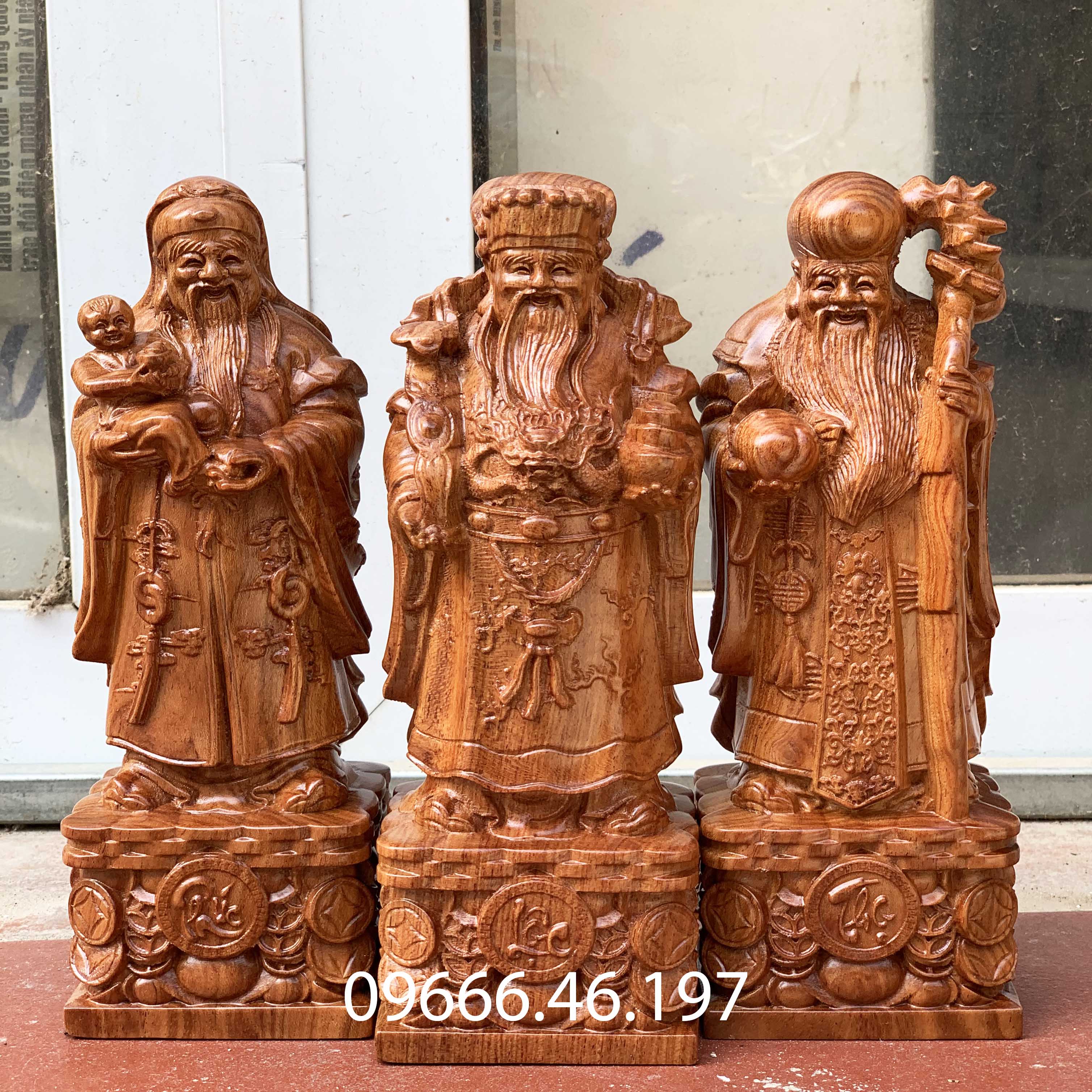 Tượng tam đa phúc lộc thọ chất liệu gỗ hương liền khối cao 30 20cm cực đẹp