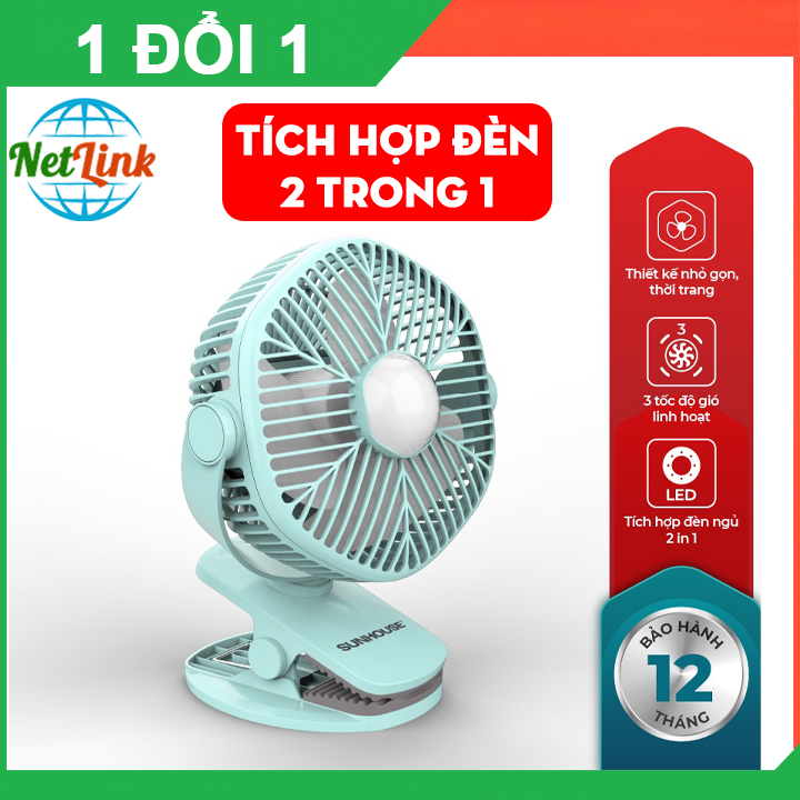 Quạt sạc Mini Sunhouse SHD7111 tích hợp đèn, nhỏ gọn 3 chế độ gió, xoay 360 độ, kẹp bàn tiện dụng - quạt sạc , quạt để bàn , quạt tích điện , quạt mini