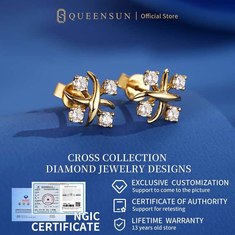 ［Real Diamond］Queensun 40points 18K Crossed Cross  Lab Grown Diamond Earrings 黄金十字架交叉钻石耳钉Earring for women/Korea Earrings/Stud earrings/accessories /Temperament earring/diamond jewelry