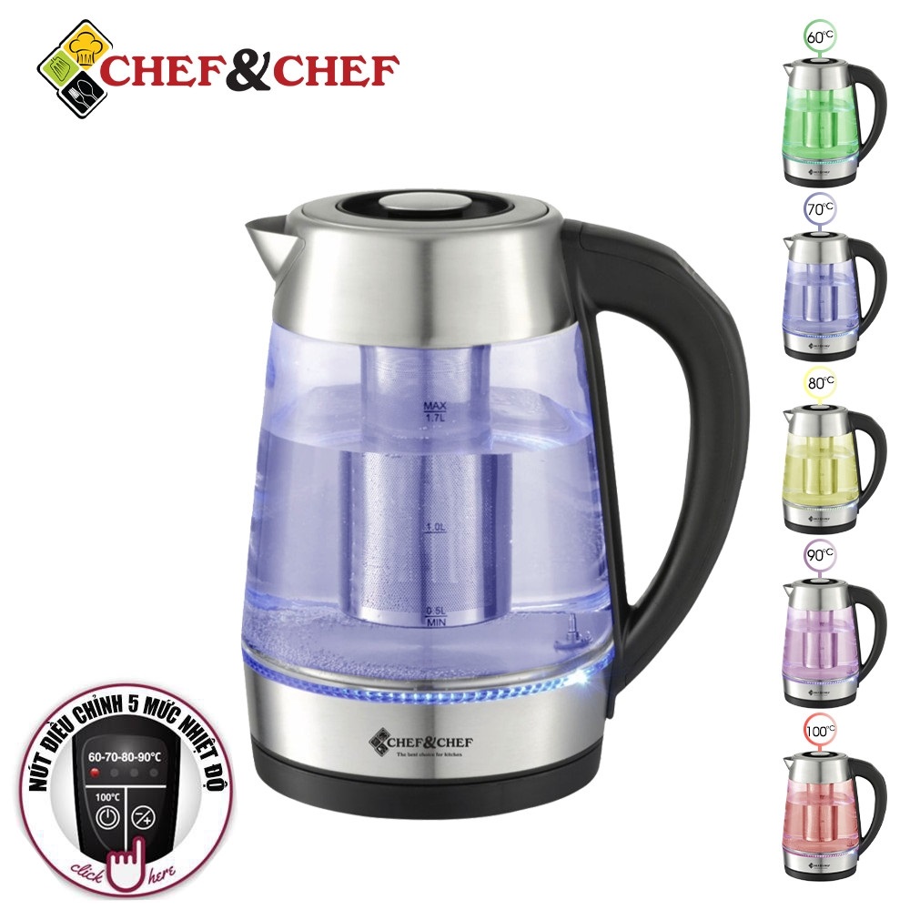 Ấm siêu tốc bình siêu tốc thủy tinh CHEF&CHEF CH1703D điều khiển nhiệt độ đun-Ấm đun siêu tốc, bình đun siêu tốc Có lõi lọc