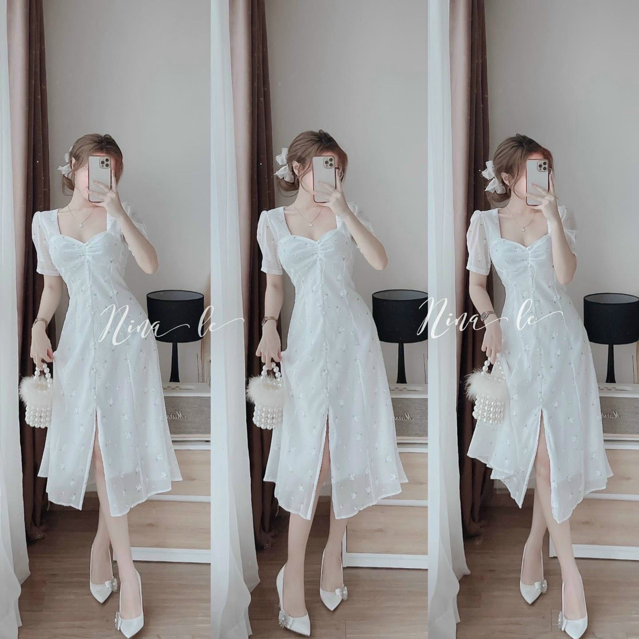 Đầm maxi nhún ngực phối nút xẻ tà xinh xắn
