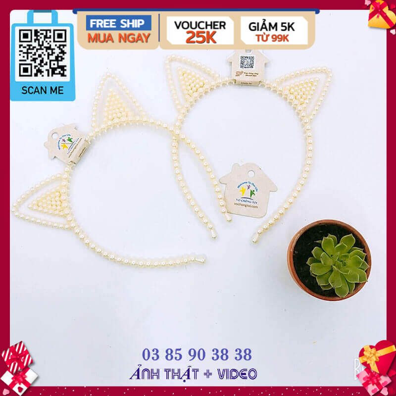 Băng đô nữ cute, cài tóc nữ ngọc trai, phụ kiện nữ Hàn Quốc, bờm tóc cho bé gái, cài tóc ngọc trai tai mèo dễ thương - thương hiệu Vợ Chồng Tôi