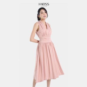 Đầm Lửng Nữ Thời Trang HNOSS Sát Nách Cổ V Nhún Eo HNDLU095