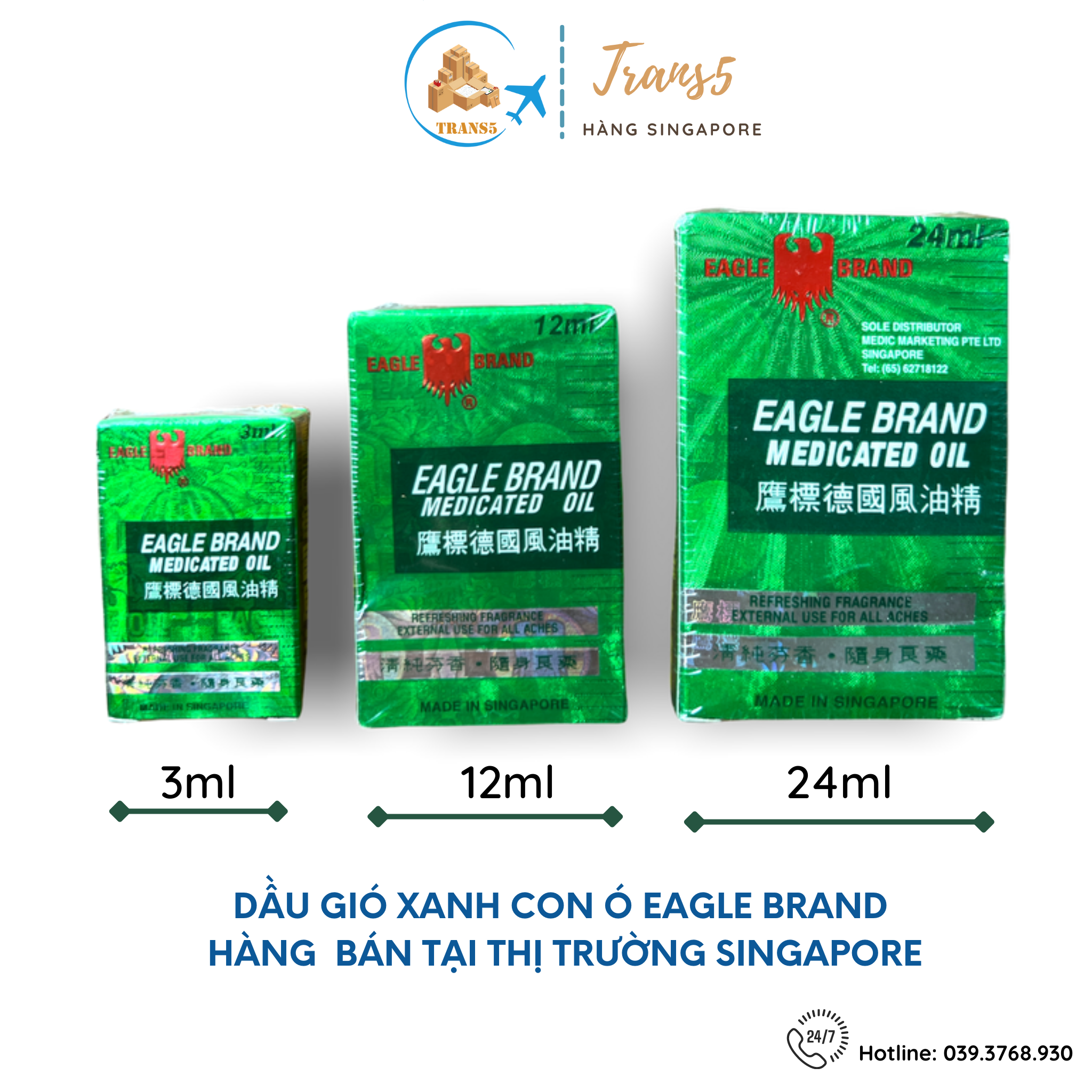Dầu gió xanh Singapore Con Ó 3ml,12ml và 24ml có 03 mùi dầu gió trắng-dầu gió vàng-dầu gió xanh