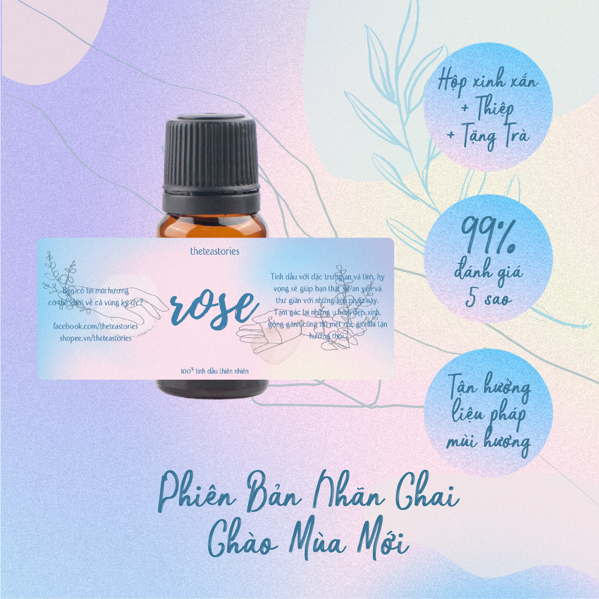 Tinh dầu hoa hồng 10ml nguyên chất kèm thiệp xinh xinh - Liệu pháp mùi hương- The Tea Stories