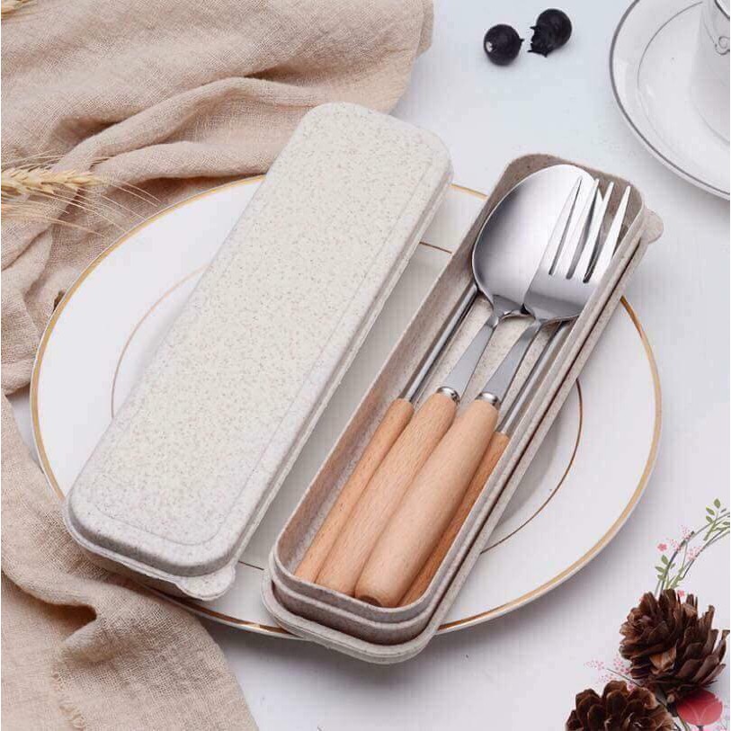 Bộ muỗng đũa nĩa inox cán gỗ kèm hộp đựng lúa mạch, bộ muỗng đũa inox văn phòng siêu tiện lợi