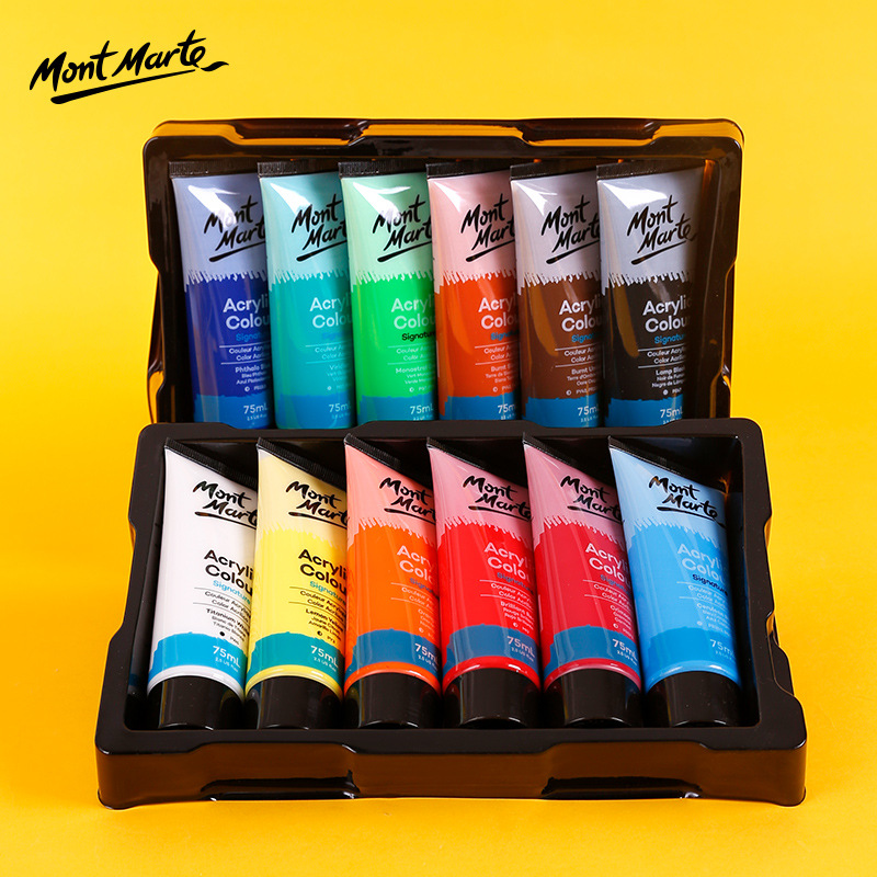 Mont Marte 6/8/12/18/24 colors studio Signature Acrylic colour Paint set 75ml/Tube，Students Beginners' DIY hand painted Pigment textile paint Set for Art painting supplies