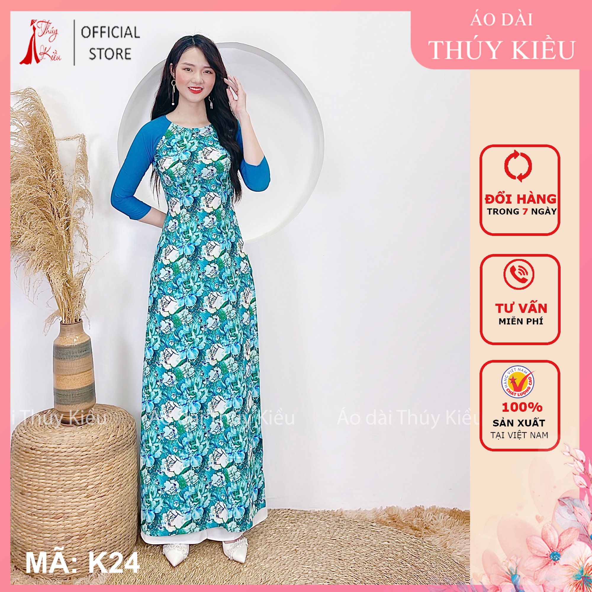 Áo dài nữ truyền thống thiết kế may sẵn tết cách tân nữ xanh cổ vịt K24 Thúy Kiều mềm mại co giãn áo dài giá rẻ