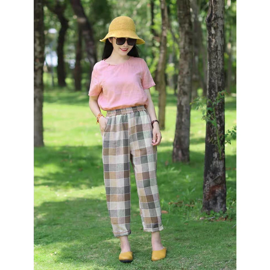 Bồ Đồ nữ trung niên Yanis Áo cổ tròn đính cúc chất vải Linen Quần kẻ mặc đi chơi thoáng mát