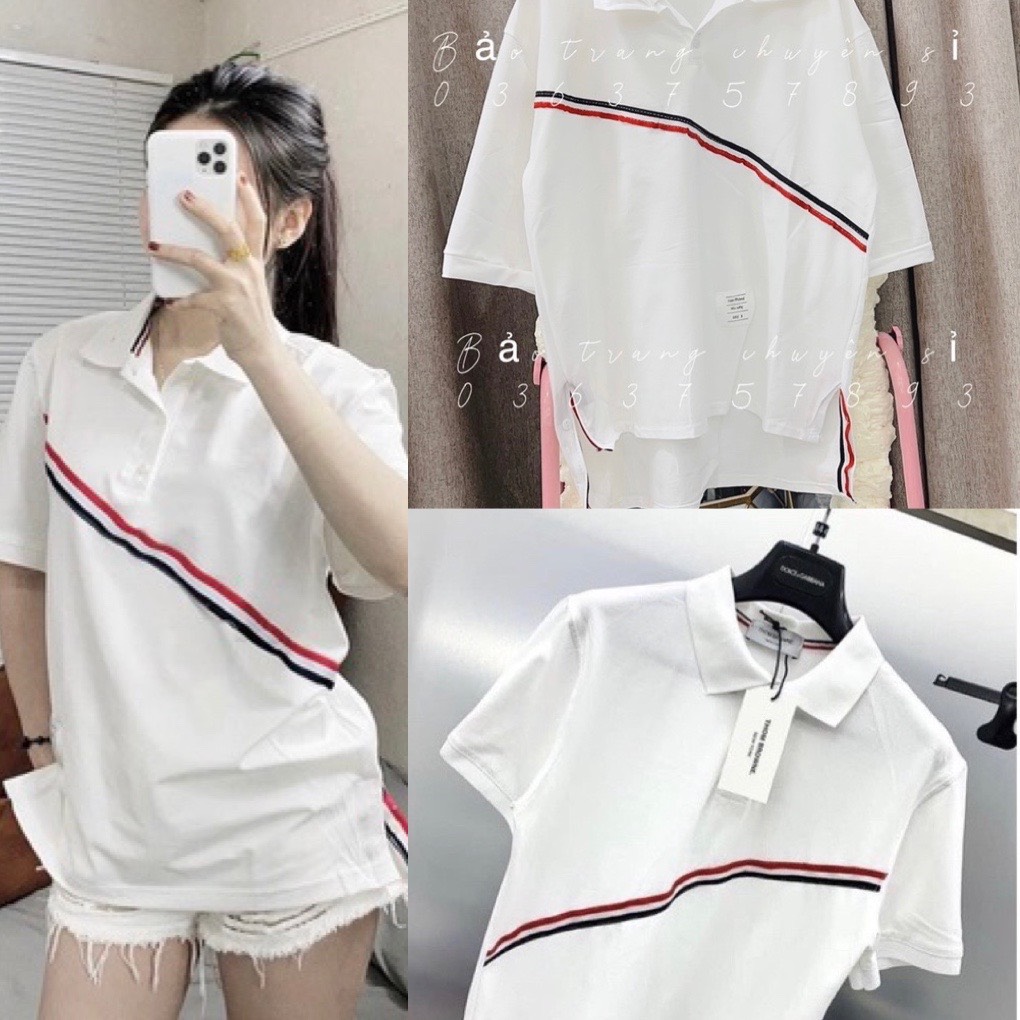 HOÀN TIỀN 20% - Áo Polo THOM Sọc Chéo Hot Trend - Áo Thu Tay Lỡ Cổ Bẻ Sọc Đỏ Form Rộng