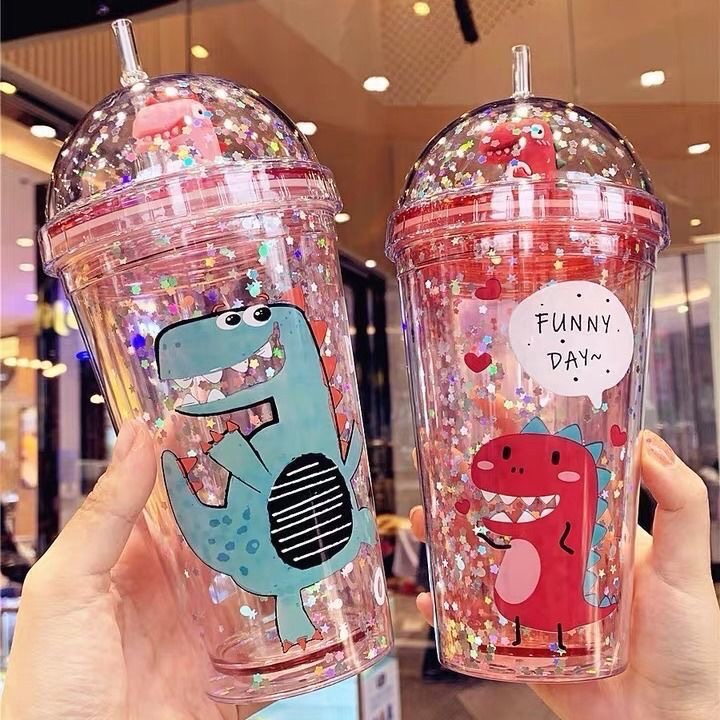 Ly giữ nhiệt kim tuyến hình khủng long/ bình nước khủng long 3d kim tuyến 500ml/ ly khủng long kim tuyến/ cốc uống nước khủng long kim tuyến 3d