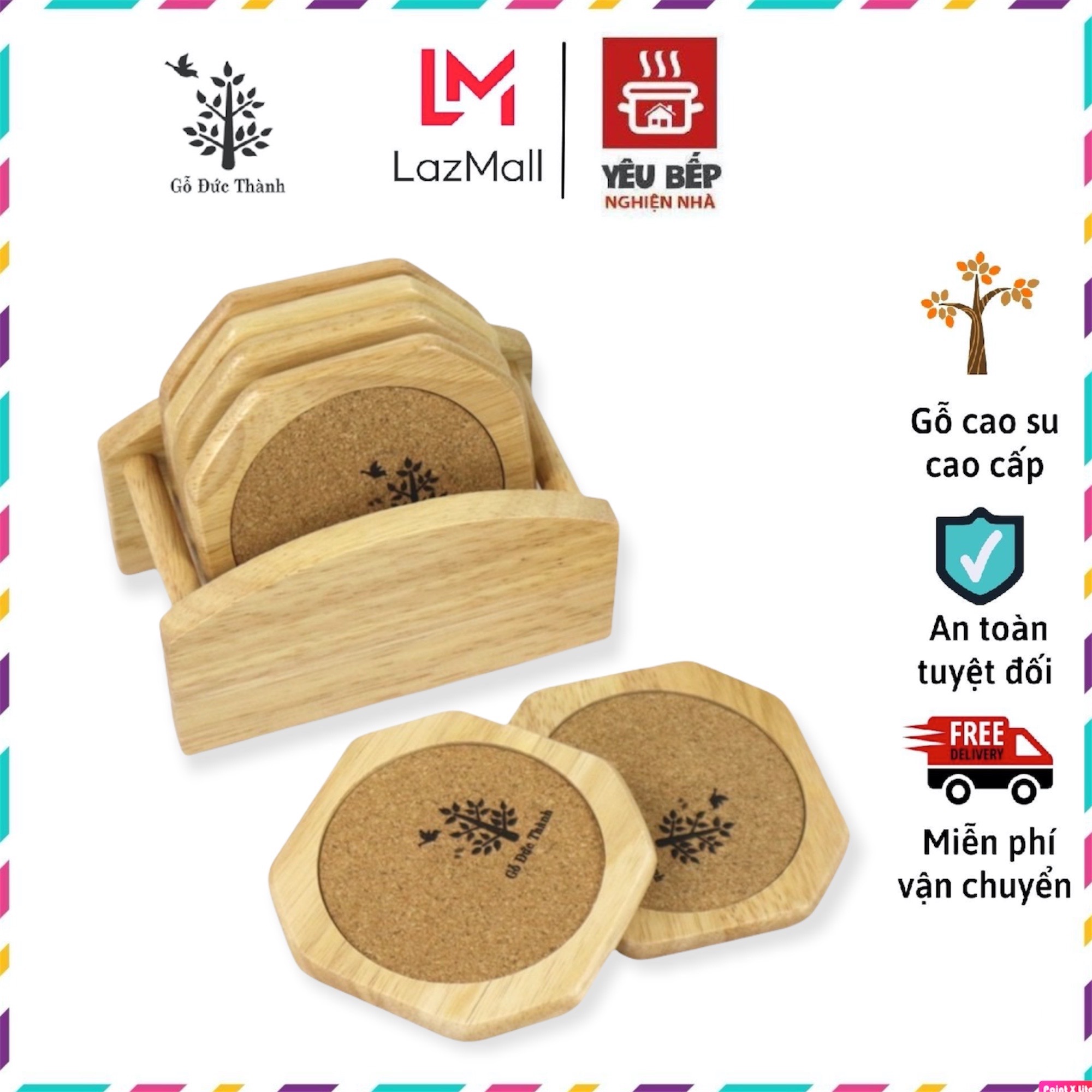 Bộ 6 miếng lót ly hình vát góc tặng kèm đế đựng miếng lót tiện dụng | gỗ đức thành 23201