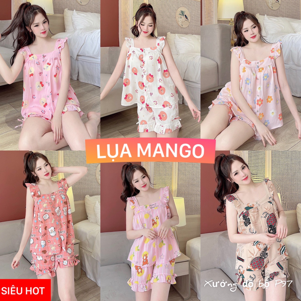 Sét đồ bộ mặc ở nhà pijama nữ đùi dể thương xinh xắn chất liệu lụa mango lụa latin cao cấp mềm mịn free ship