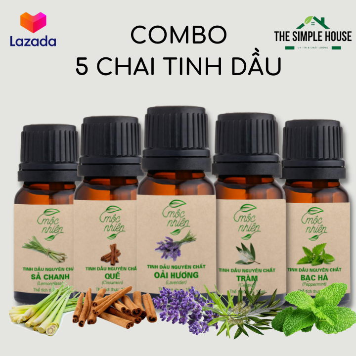Combo 5 lọ tinh dầu mộc nhiên thơm phòng nguyên chất cao cấp, tinh dầu đèn xông chiết xuất 100% từ thiên nhiên 10ml
