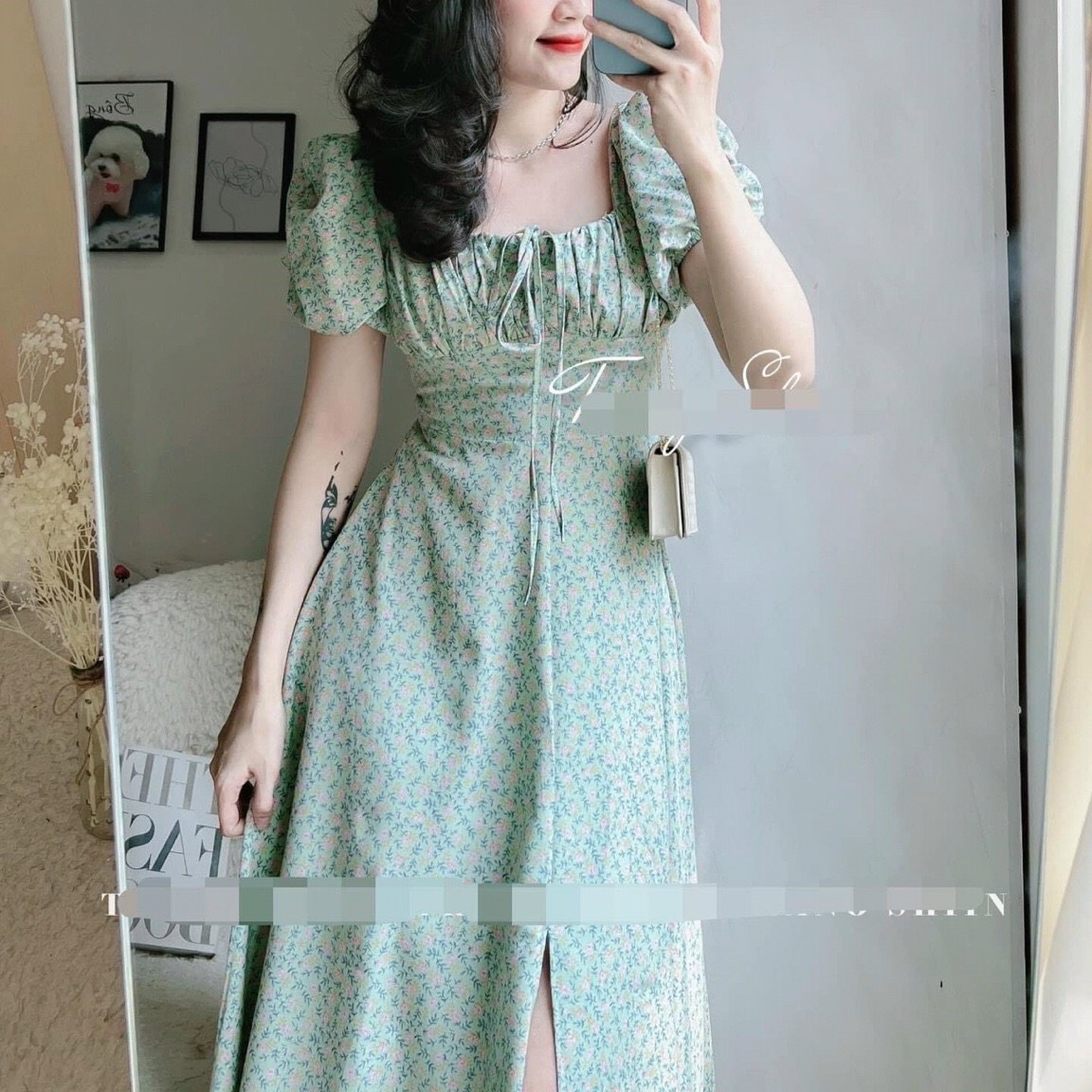 Đầm hoa nhí tay phồng, đầm tiểu thư cổ vuông, váy maxi hoa nữ dáng xòe, đầm tay phồng, váy hoa nhí kèm ảnh thật