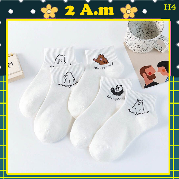 Tất Vớ Nữ Cổ Ngắn Nam Nữ Tone Trắng Họa Tiết Gấu Trúc Thời Trang Nữ Hàn Quốc