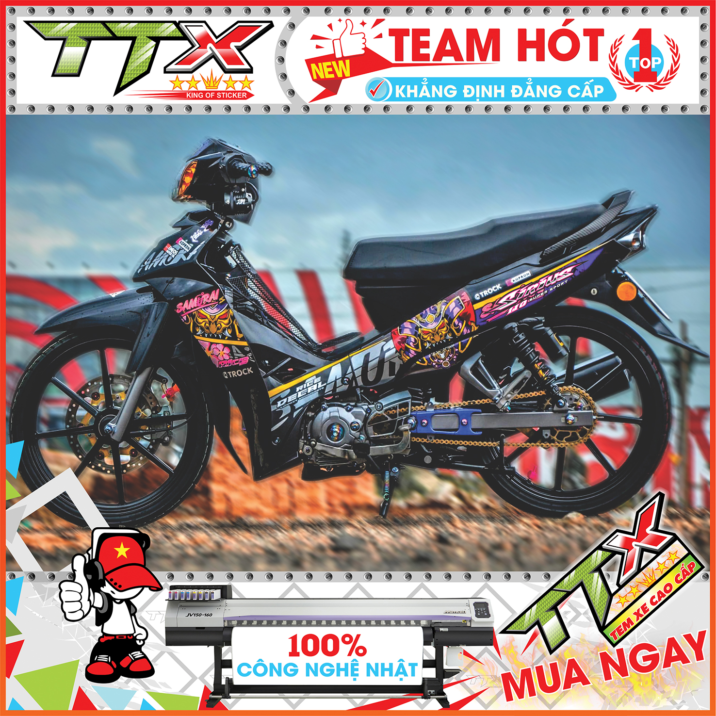 Tem chế sirius samurai , Team rời sirius dán xe màu tím nền đen chữ hồng siêu đẹp , Shop TTX Tem sirius
