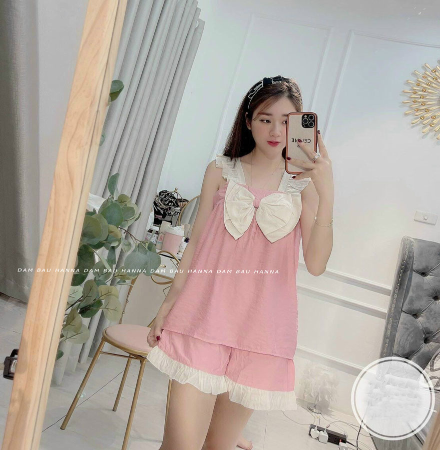 Đồ bộ bầu xinh mặc ở nhà quần đùi vải lụa đũi hàn cao cấp mềm mát free size 40-70kg đường may chắc chắn