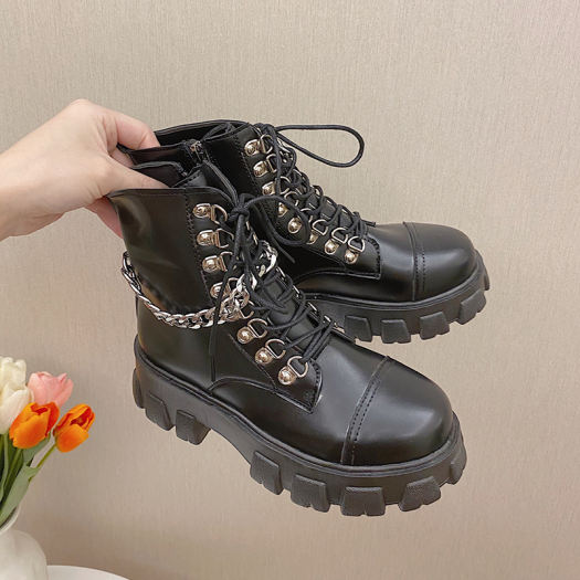 Anh Đầu Máy Buộc Dây Dr. Martens Nữ Phong Cách Retro Bốt Kỵ Sĩ 2020 Mẫu Mới Lớp Da Bóng Đế Thô Đế Dày Ins Bốt Ngắn
