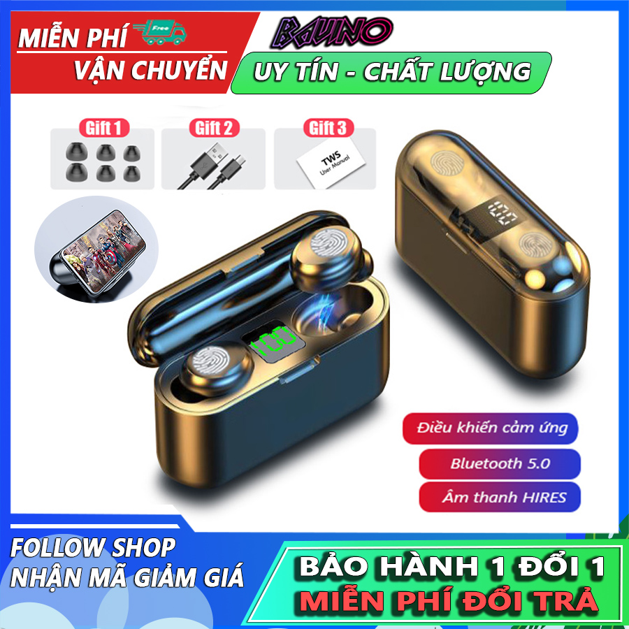 Tai nghe không dây f9 chuẩn bluetooth 5.0, âm bass mạnh, điều khiển cảm ứng, màn hình led hiển thị, hộp sạc kiêm giá đỡ điện thoại, sạc dự phòng