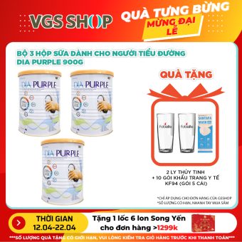 Bộ 3 hộp sữa DIA PURPLE (900gr) TẶNG: 2 ly thủy tinh + 10 gói khẩu trang y tế KF94 (Gói 5 cái)
