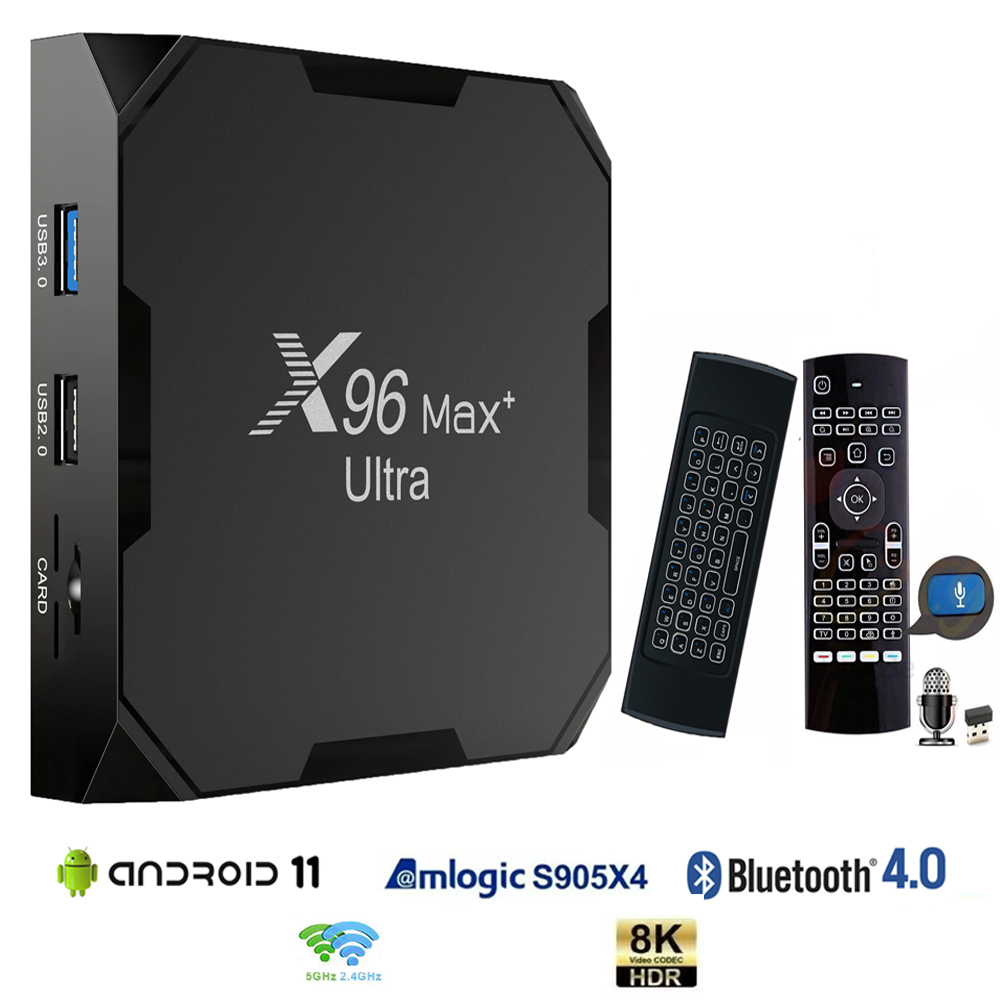 Android TV Box X96 Max plus ultra có điều khiển giọng nói tiếng việt kiêm bàn phím Ram 4GB cài sẵn bộ ứng dụng giải trí wifi 2 băng tần và bluetooth