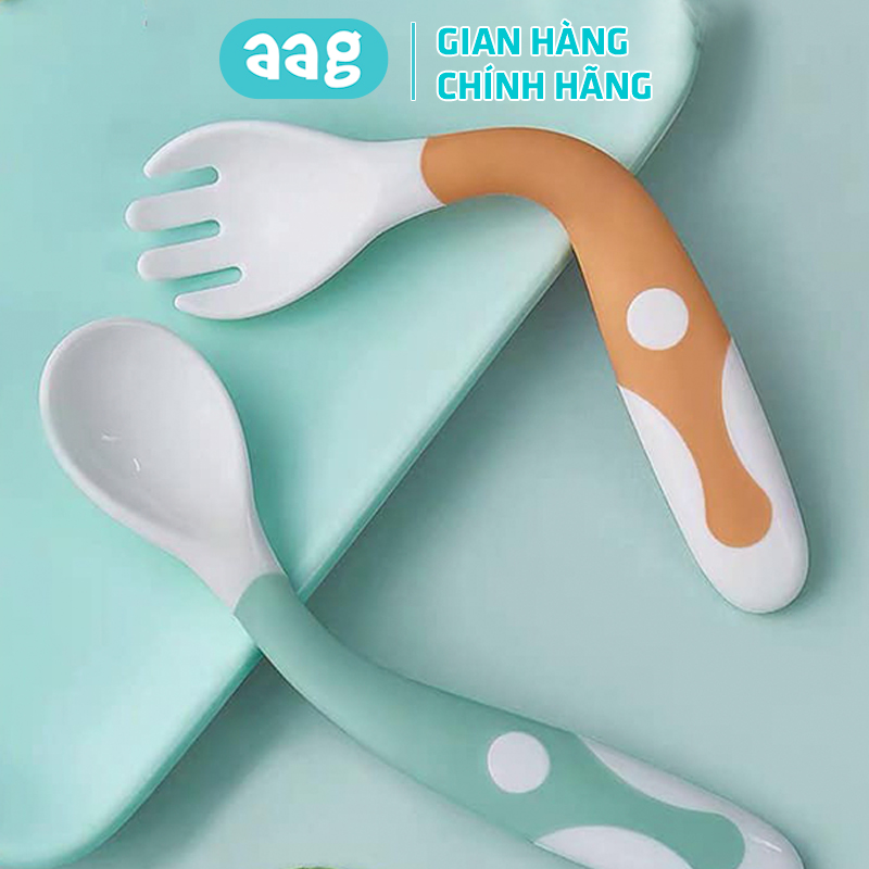 Set thìa dĩa ăn dặm cho bé AAG329 uốn cong 360 độ có hộp đựng bảo quản tiện lợi an toàn