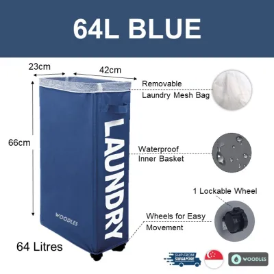 [SG Ready Stock] Woodles Laundry Basket Hamper★42L 55L 64L Capacity★4-Wheel Foldable Slim Durable Lockable Waterproof Oxford★All Purpose Storage Clothes Toys★Turquoise Beige Grey Blue Black Red★Local Shipping & Warranty (2)
