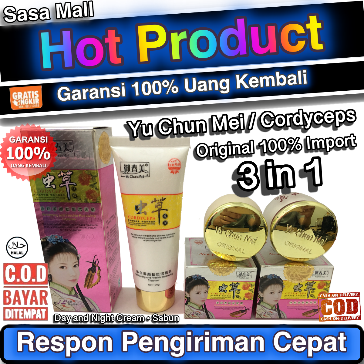 Set 3 in 1 Cordysep Sabun + Krim Siang dan Malam Import 100% Memutihkan Wajah Skin Care Kecantikan Yuโฆ