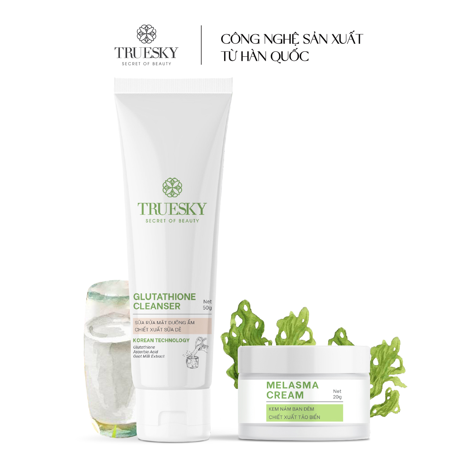 Bộ dưỡng trắng và ngăn ngừa nám Truesky gồm 1 kem ngăn ngừa nám ban đêm 20g + 1 sữa rửa mặt sữa dê 50g
