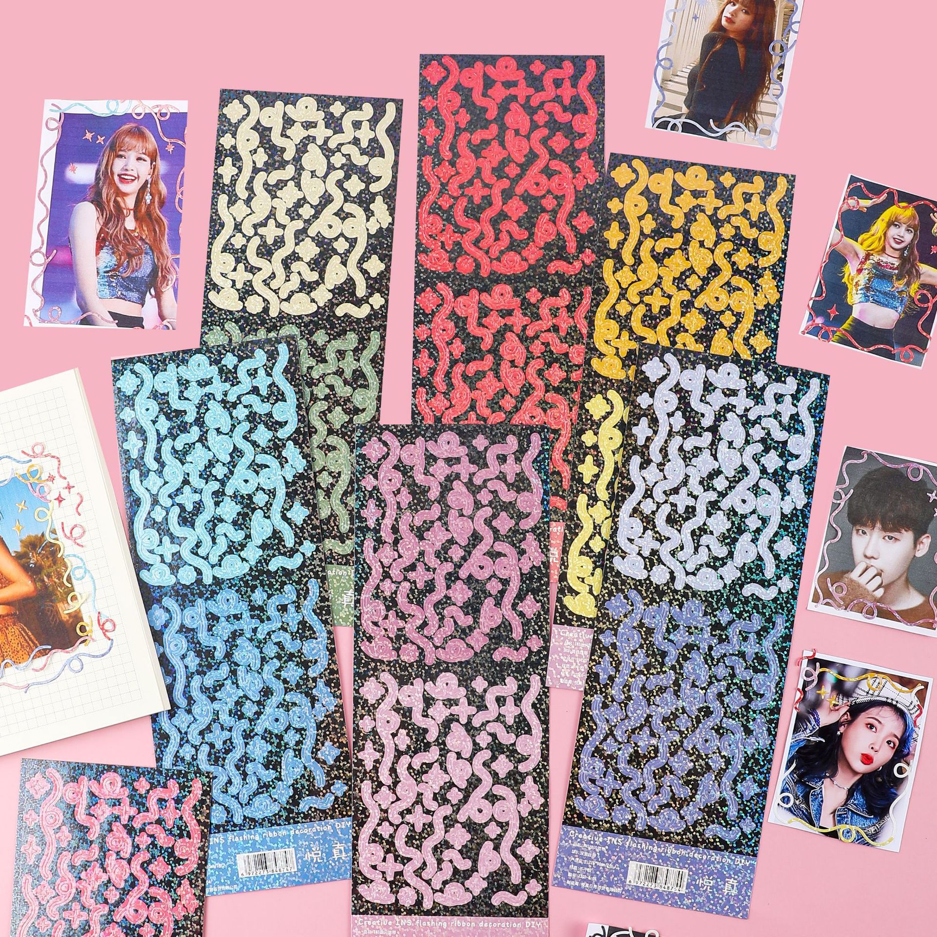Tấm sticker bling bling lấp lánh họa tiết ruy băng confetti mỏng decor toploader, trang trí