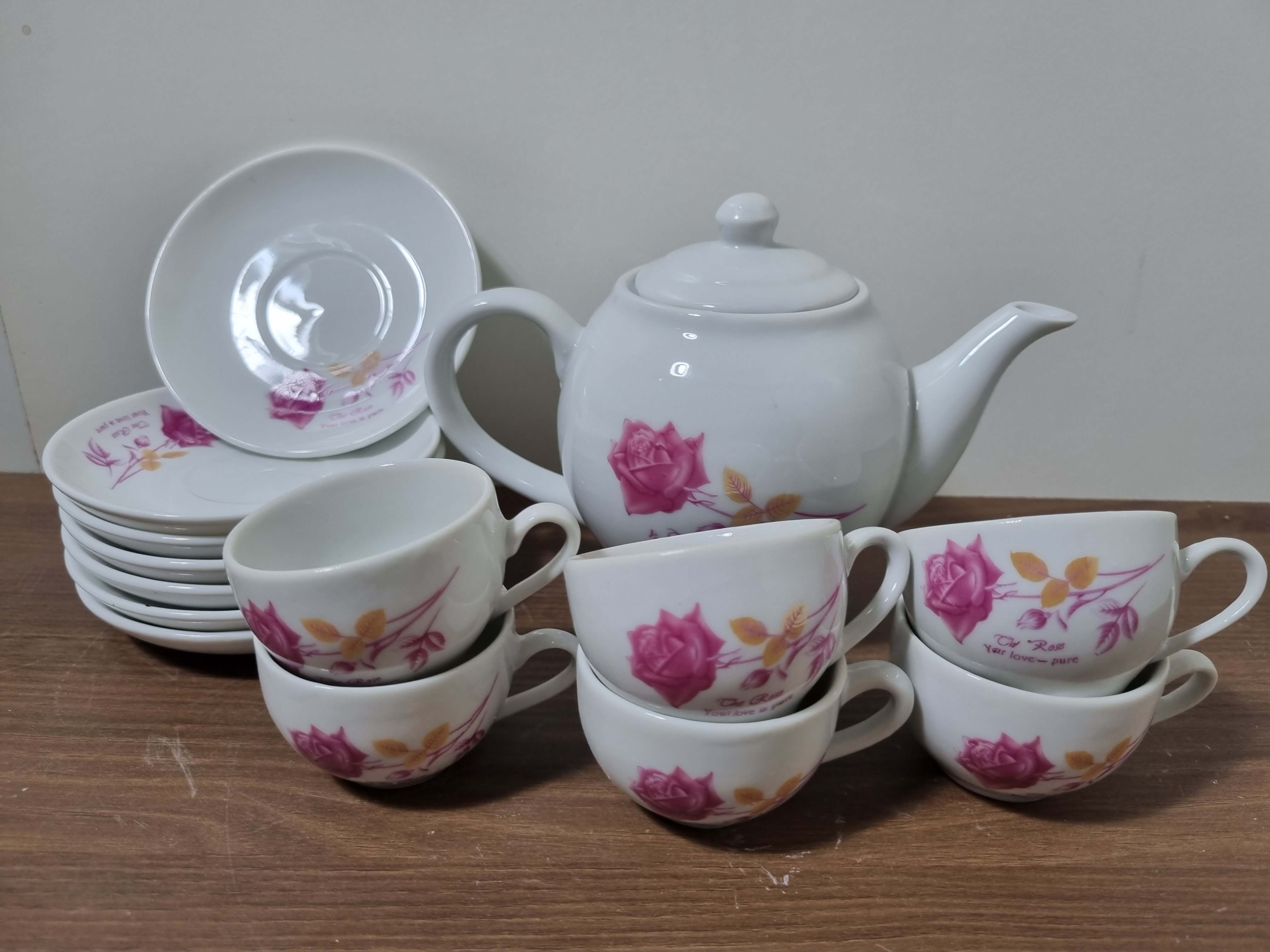 Bộ trà/bộ ấm chén hoa hồng, hàng bình dân, đủ đĩa kê