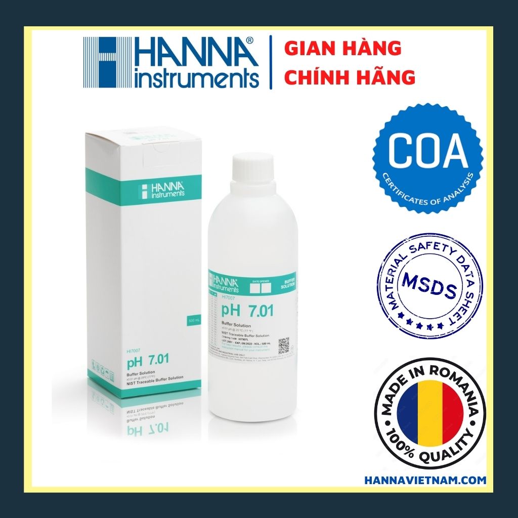 Dung Dịch Chuẩn pH Điểm 7.01 Dùng Để Hiệu Chuẩn Hoặc Kiểm Tra Độ Chính Xác Của Bất Kỳ Máy Đo Hãng Nào, Chai 500mL HANNA HI7007L- HÀNG CHÍNH HÃNG