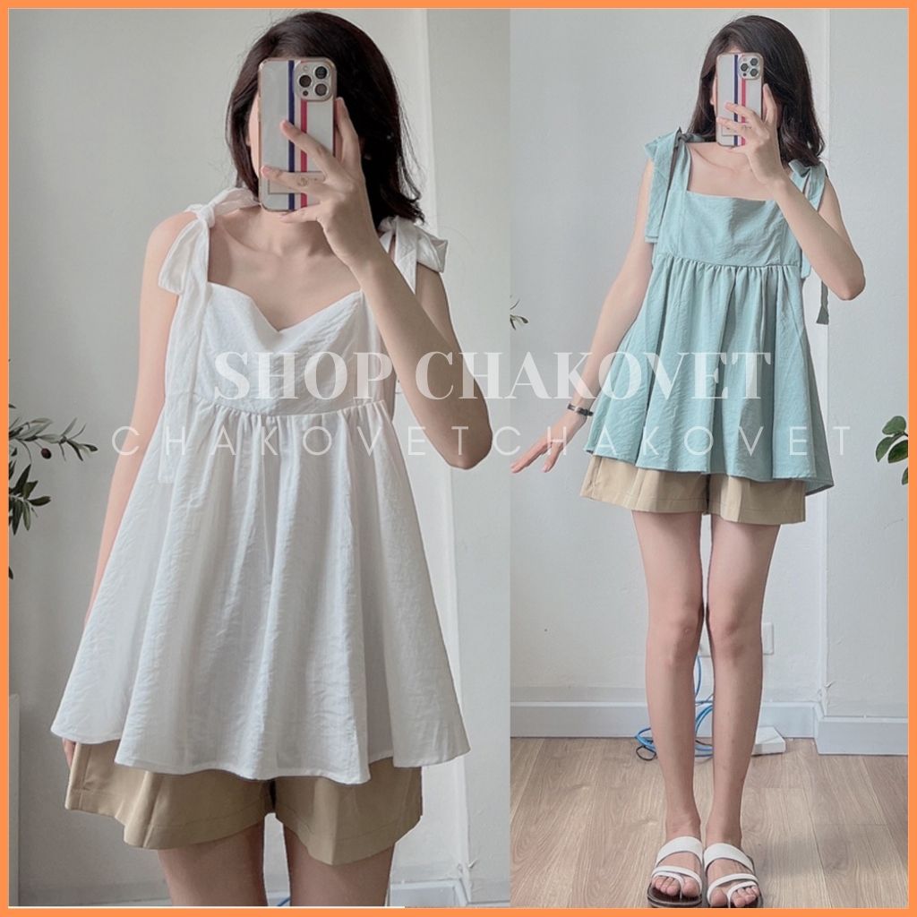 Set đồ nữ S.8286, sét babydoll nữ kèm quần mùa hè áo kiểu nữ 2 dây bánh bèo freesize đi biển đi chơi sang chảnh-CHAKOVET