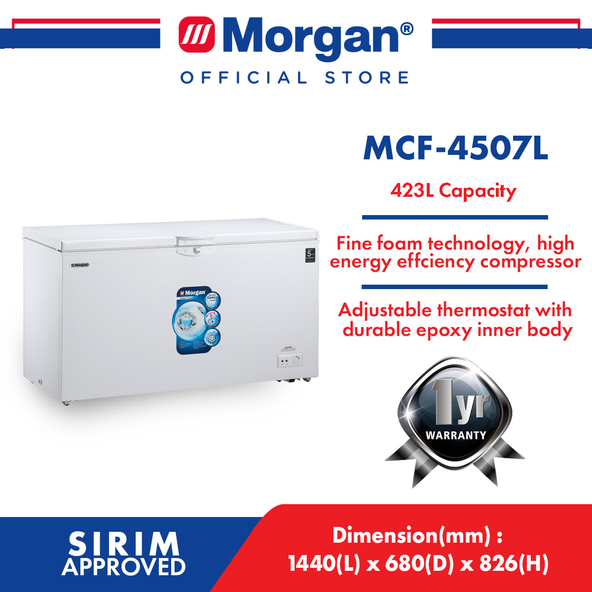 MORGAN MCF-4507L CHEST FREEZER 423L