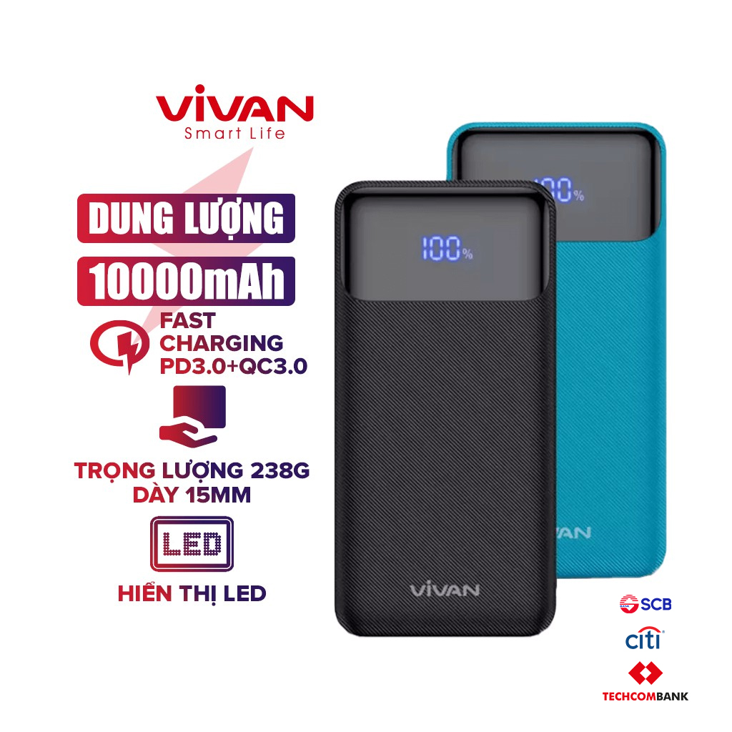 Pin Sạc Dự Phòng Chính Hãng VIVAN VPB-X10/ VPB-D10  10000mAh Sạc Nhanh PD/QC 3.0  20W/ 22.5W  2 Output Type C & USB BẢO HÀNH 12 THÁNG