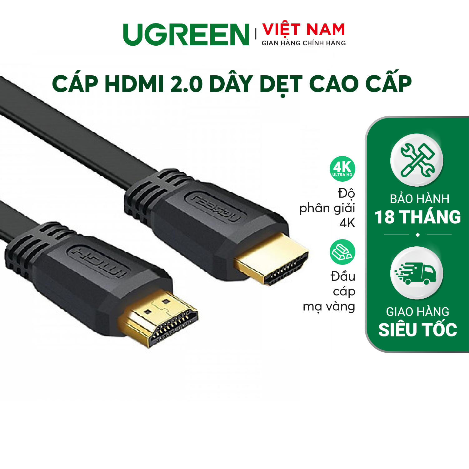 Cáp HDMI 2.0 UGREEN ED015 Hỗ trợ độ phân giải 4Kx2K 3D Full HD1080 dạng