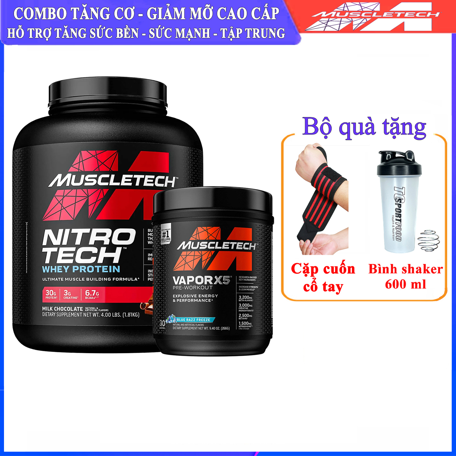 [KÈM BÌNH & CUỐN CỔ TAY] Combo sữa tăng cơ giảm mỡ tăng sức mạnh Whey Protein Nitro tech hộp 40 lần dùng và Vapor x5 hộp 30 lần dùng hỗ trợ tăng cơ tăng sức bền sức mạnh đốt mỡ giảm cân