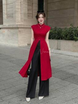 Set áo dài cách tân xẻ tà kèm quần suông đen lưng thun eo, Set áo dài cách tân cổ tàu tay ngắn gắn nút kèm quần