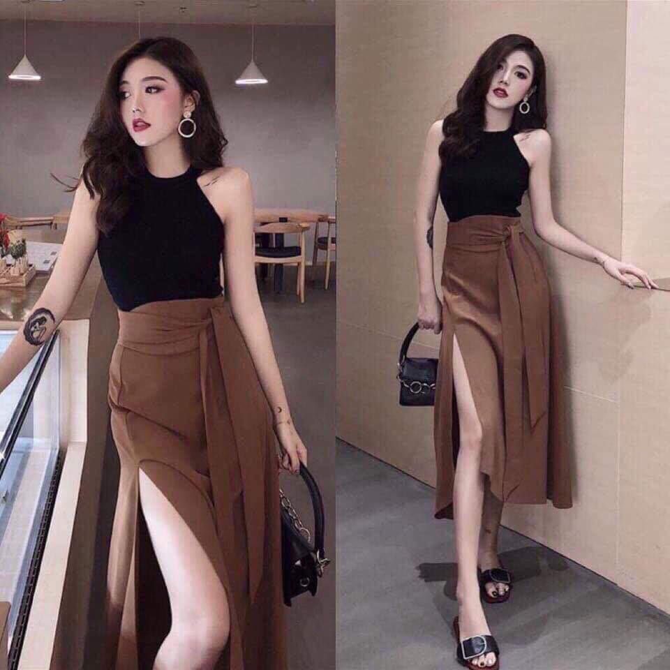 [Hàng Hot] Sét Đồ Bộ Nữ Áo Cổ Yếm Và Chân Váy Thắt Vạt Dài Thời Trang Kiểu Cách Đi Chơi, Đi Dự Tiệc D.ONE FASHION, Mẫu Free Size (40-55Kg) Mặc Vừa