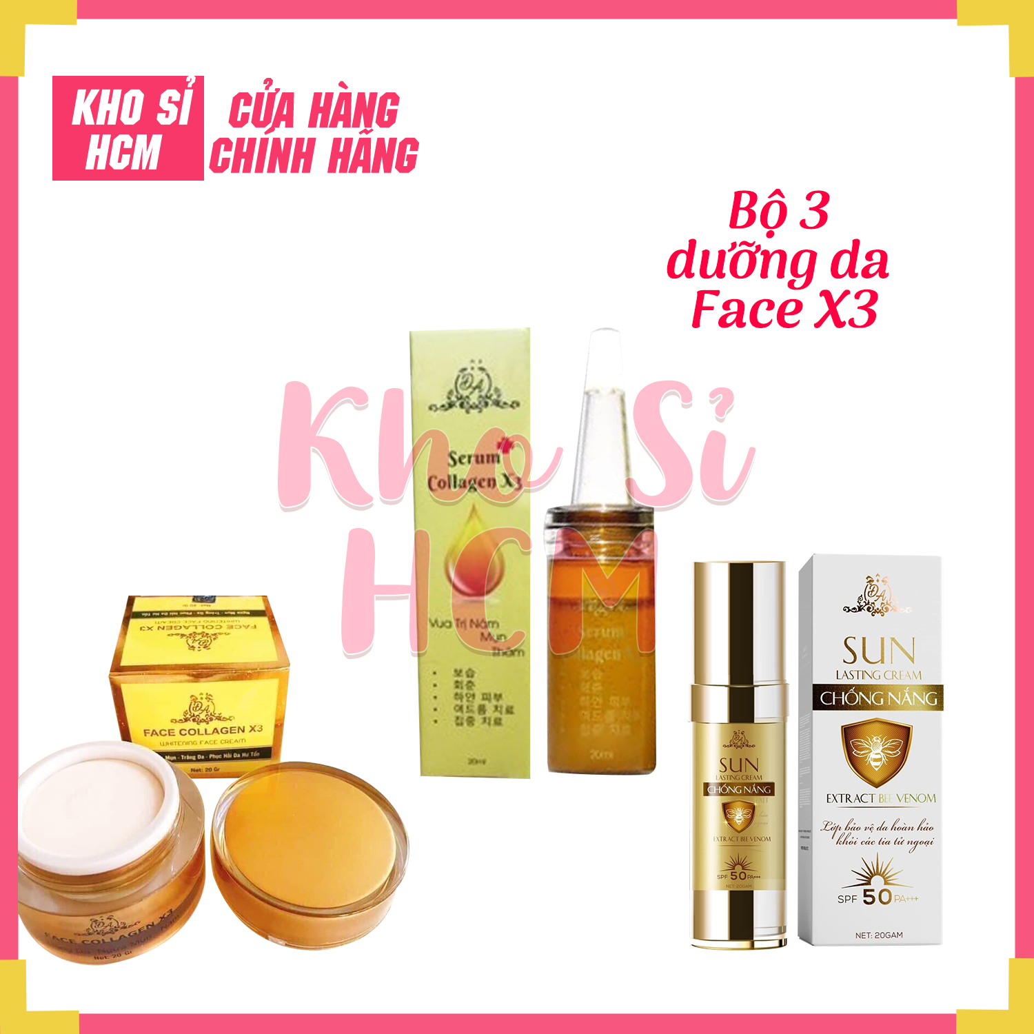 Bộ 3 dưỡng da mặt gồm kem chống nắng collagen x3, serum collagen x3 và kem face collagen x3