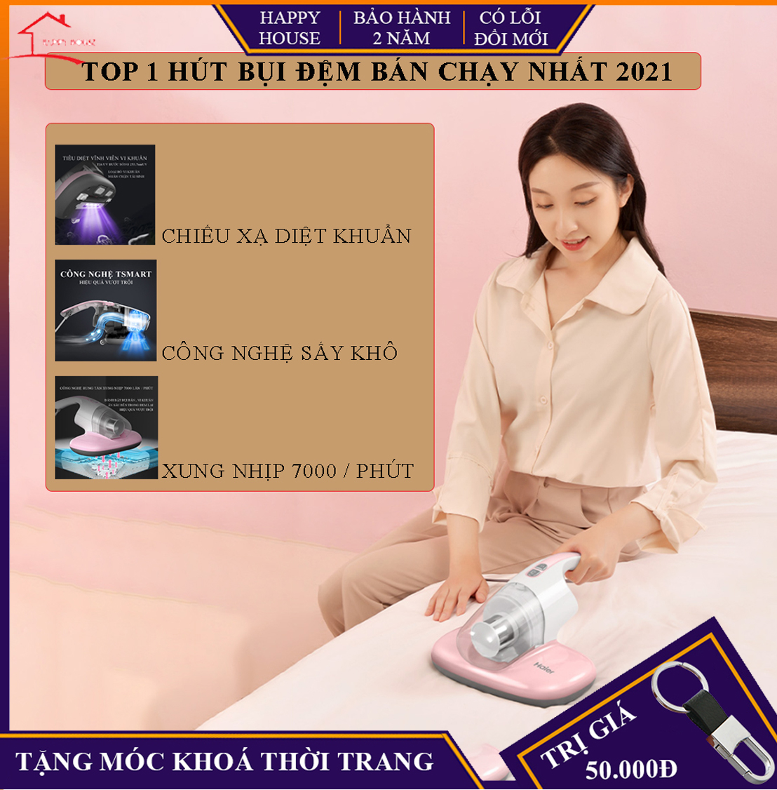 Máy hút bụi giường nệm Haier chiếu xạ diệt khuẩn, Máy hút bụi diệt khuẩn UV hút bụi gối đệm giường, Vệ Sinh Giường Nệm bảo hành 2 năm lỗi đổi mới trong 7 ngày đầu