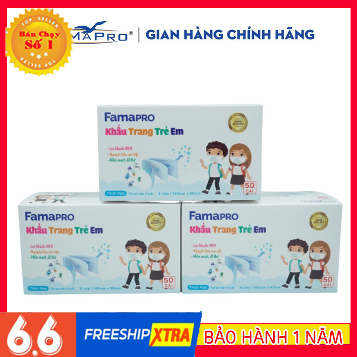 [HÀNG TỐT]  Khẩu trang y tế trẻ em kháng khuẩn 3 lớp Famapro max kid ( 50 cái /hộp )