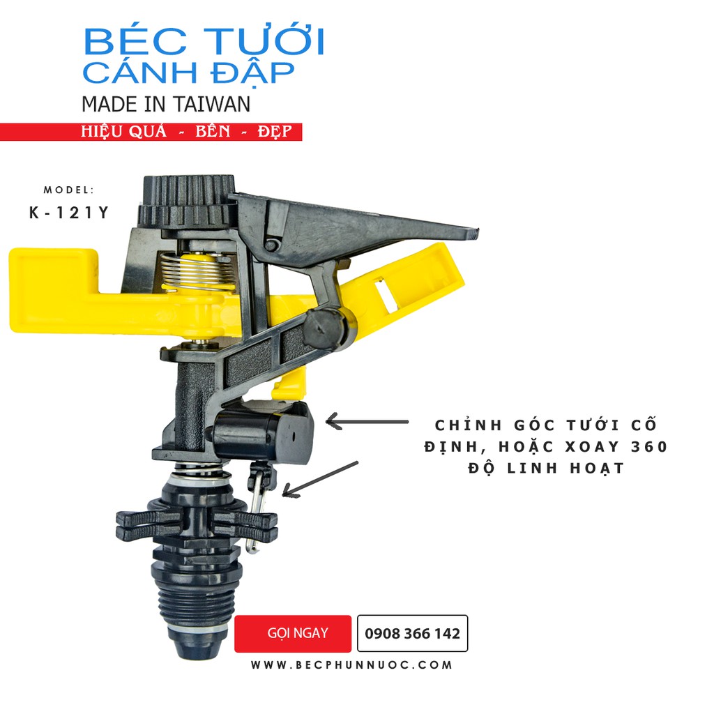 Combo 5 cái taiwan- k121y béc tưới cây cánh đập tùy chỉnh góc jinli, vòi tưới cây,xoay 360 độ, ren ngoài 21mm, 1 vòi phun, bán kính tưới 6-8m