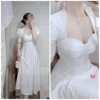 đầm thiết kế, váy trắng dự tiệc dáng xòe tay bồng tiểu thư xinh xắn