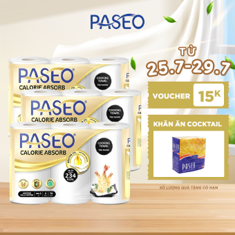 Combo 3 lốc giấy bếp đa năng cao cấp Paseo Calorie Absorb lau dầu mỡ, thấm hút nhanh (3 cuộn 2 lớp)/lốc