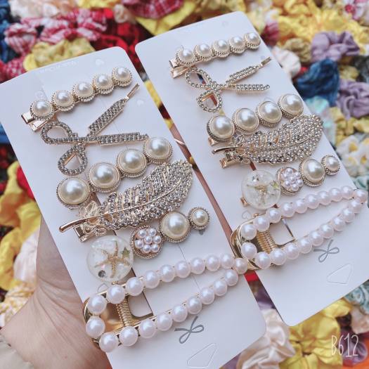 Set 6 Món Kẹp Tóc Đính Đá Ngọc Trai Phong Cách Hàn Quốc, Cặp Tóc Đính Đá Thiết Kế Sang Cảnh Thời Trang Phụ Kiện Tóc Nữ