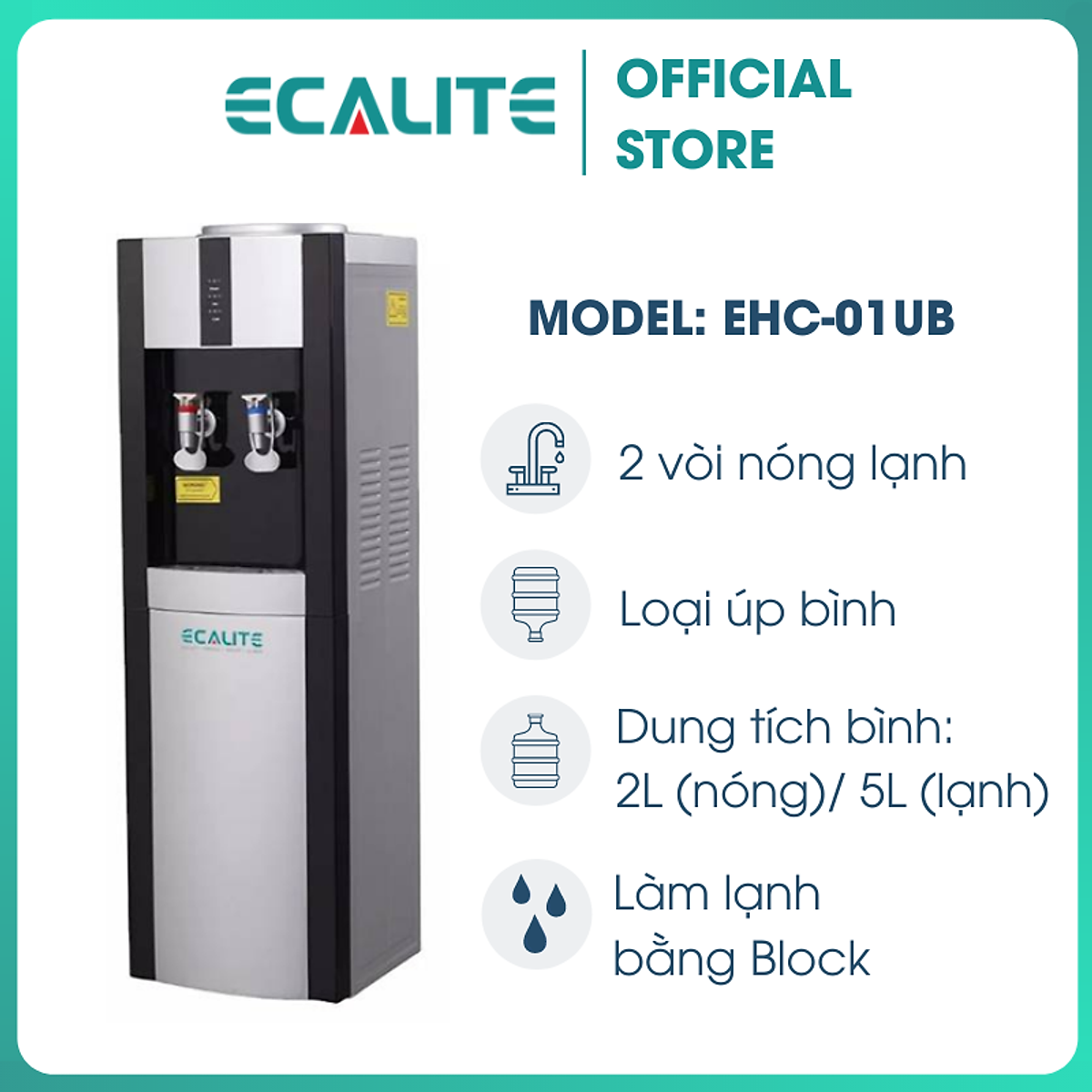 Cây nước nóng lạnh úp bình ecalite ehc-01ub - dung tích bình nóng 2l/lạnh 5l - làm lạnh bằng block lạnh nhanh và sâu - bảo hành 12 tháng - hàng chính hãng