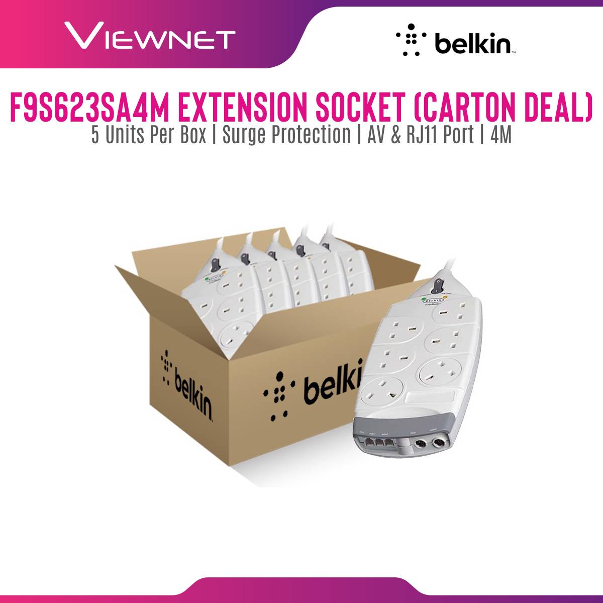 [Carton Deal] Belkin F9S623sa4M-MY 6 Way Surge With Tel & Ariel Protection - 4 Meter (5 Units Per Box)