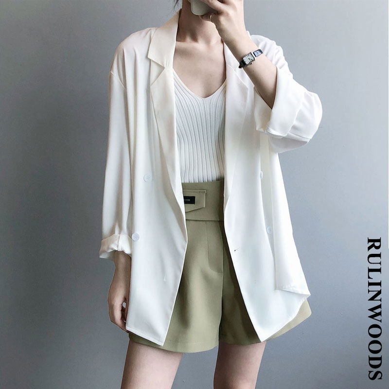 RULINWOODS Blazer Hàn Quốc Kiểu dáng rời Blazer màu rắn bộ đồ Blazer nữ công sở